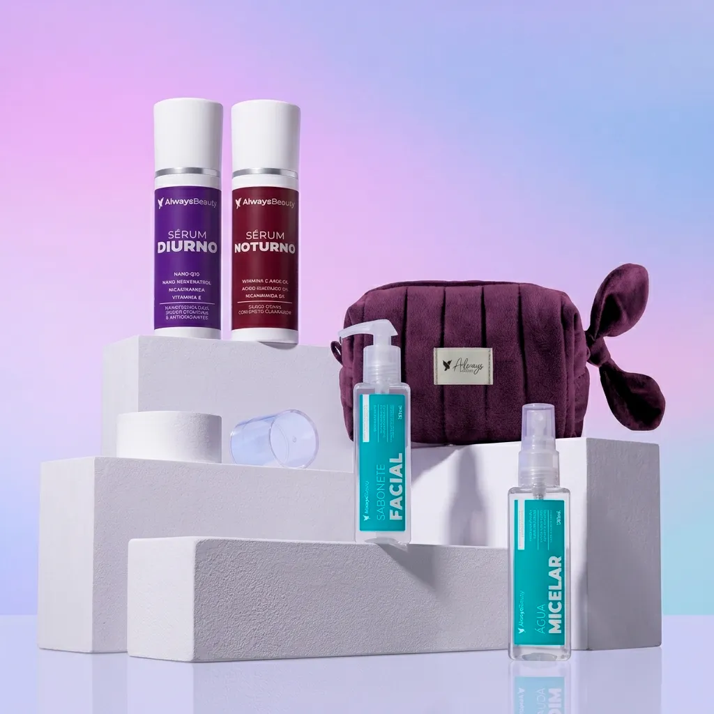 Linha completa Always Beauty — Sabonete Facial, Água Micelar, Sérum Diurno e Sérum Noturno